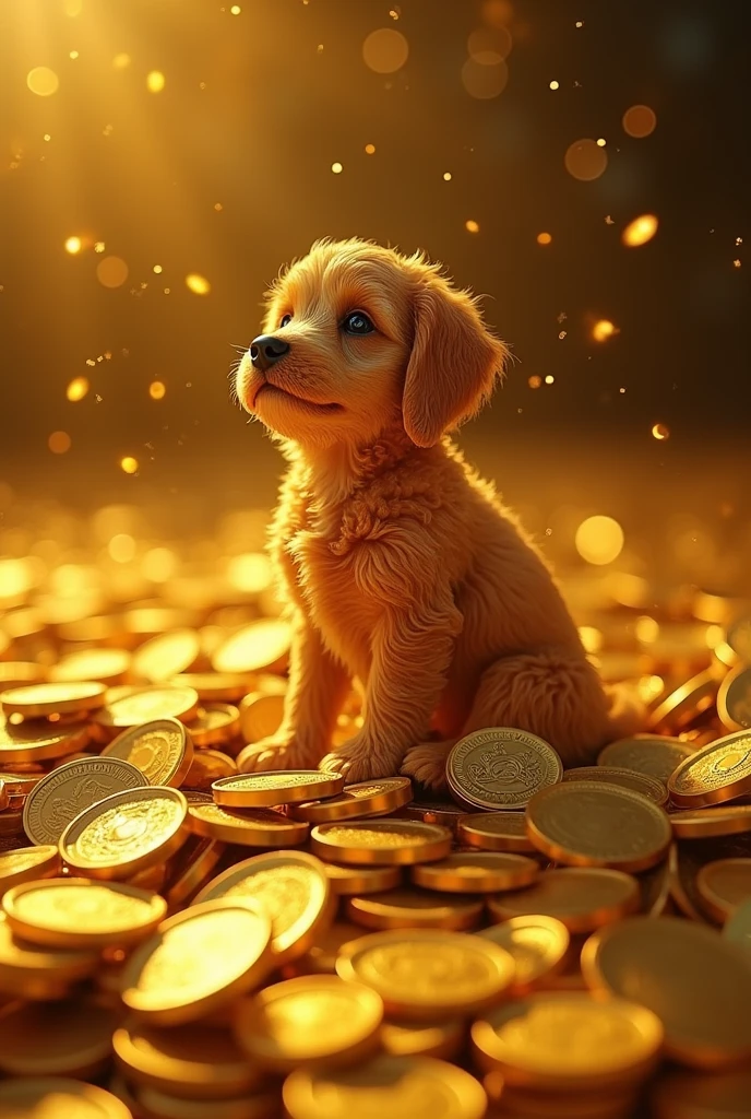Pile of gold, Gold coins, dog, Gold coins이 하늘에서 쏟아진다. Dazzling golden, golden light, The Golden Box, Gold Coin,