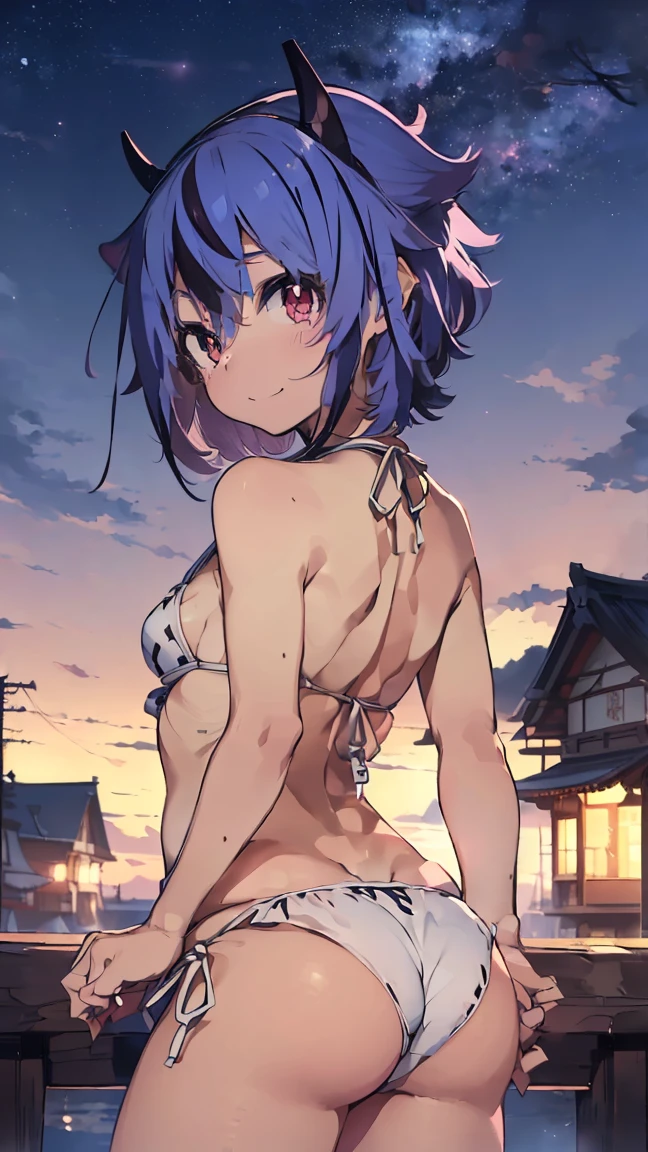 masterpiece, Highest quality, High resolution, Very detailed,(((Mikoto Naruka))), (((Town))), (((Night Sky)))、(((Back view)))、(((smile)))、(((Standing in the distance))), (((Wearing a white bikini。))), (((handrail)))(((Blue Hair))), (((Multicolored Hair))), (((horn))), (((Pink Eyes)))