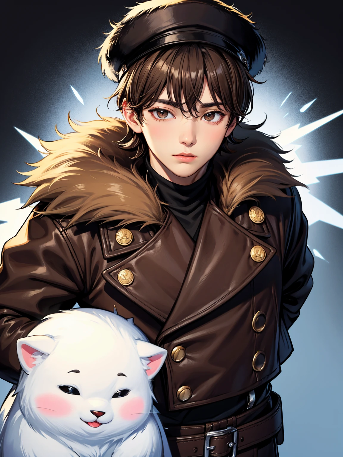 (1boy Name: Kim Taehyung - 18 Year Old), Handsome, Brown Fur Jacket, (Brown fur hat), Black leather gloves, Winter Season, Snowy Background