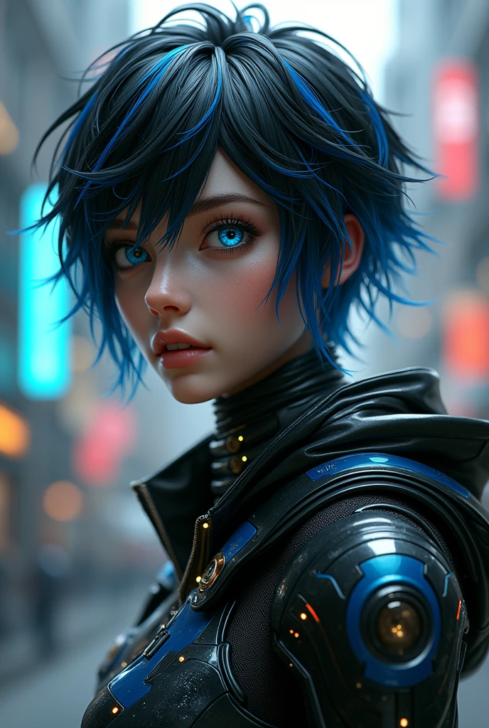 A male human android with short wavy black and blue hair with gold highlights and black and blue eyes wearing black and blue leather cyberpunk clothes
