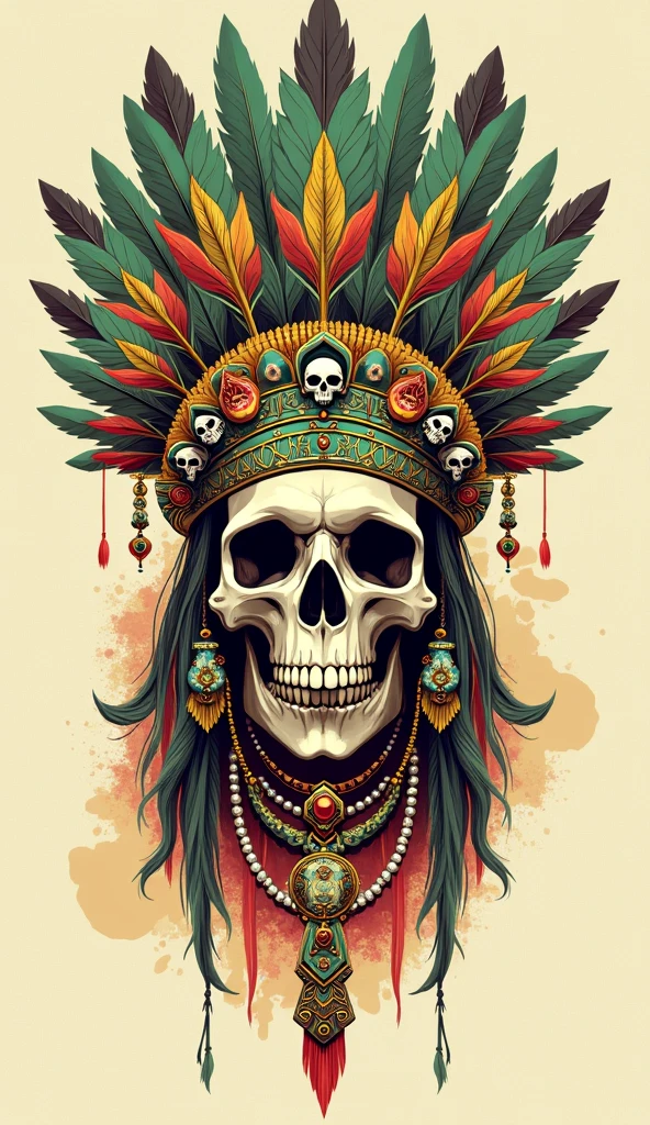 Detailed and vibrant illustration of a skull adorned with an elaborate headdress. The headdress features intricate patterns in shades of green, gold, and red, with feathers extending from the top. The skull is decorated with ornate jewelry, including large earrings, necklaces, and a pendant with another smaller skull. The background is a light beige with subtle splashes of color, enhancing the focus on the central figure. The overall style is reminiscent of traditional indigenous art, with a modern, graphic twist.