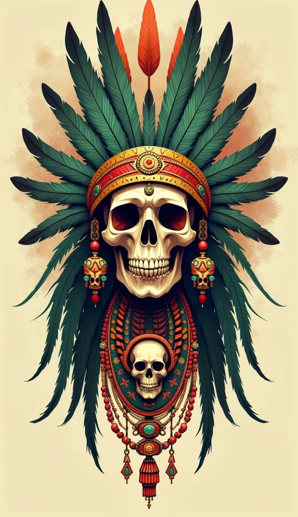 Detailed and vibrant illustration of a skull adorned with an elaborate headdress. The headdress features intricate patterns in shades of green, gold, and red, with feathers extending from the top. The skull is decorated with ornate jewelry, including large earrings, necklaces, and a pendant with another smaller skull. The background is a light beige with subtle splashes of color, enhancing the focus on the central figure. The overall style is reminiscent of traditional indigenous art, with a modern, graphic twist.