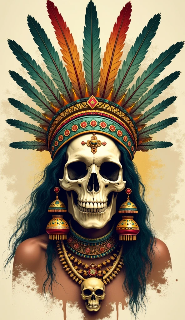 Detailed and vibrant illustration of a skull adorned with an elaborate headdress. The headdress features intricate patterns in shades of green, gold, and red, with feathers extending from the top. The skull is decorated with ornate jewelry, including large earrings, necklaces, and a pendant with another smaller skull. The background is a light beige with subtle splashes of color, enhancing the focus on the central figure. The overall style is reminiscent of traditional indigenous art, with a modern, graphic twist.