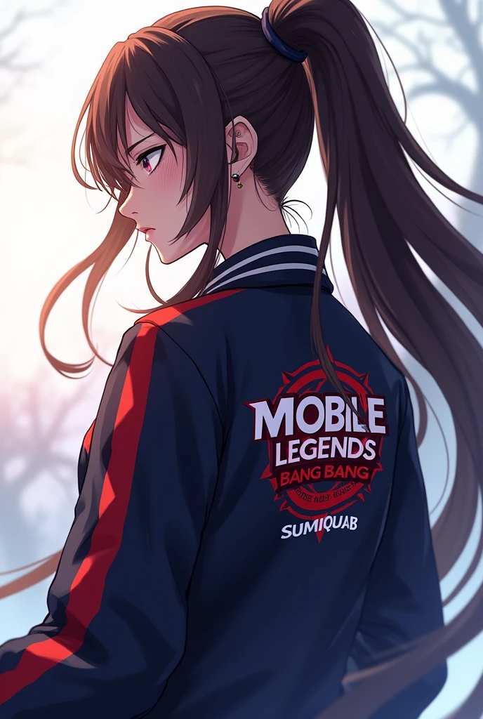 Anime woman with no bangs long hair, facing back with side head wearing jacket with logo of mobile legends bang bang and with my last name SUMIQUIAB
