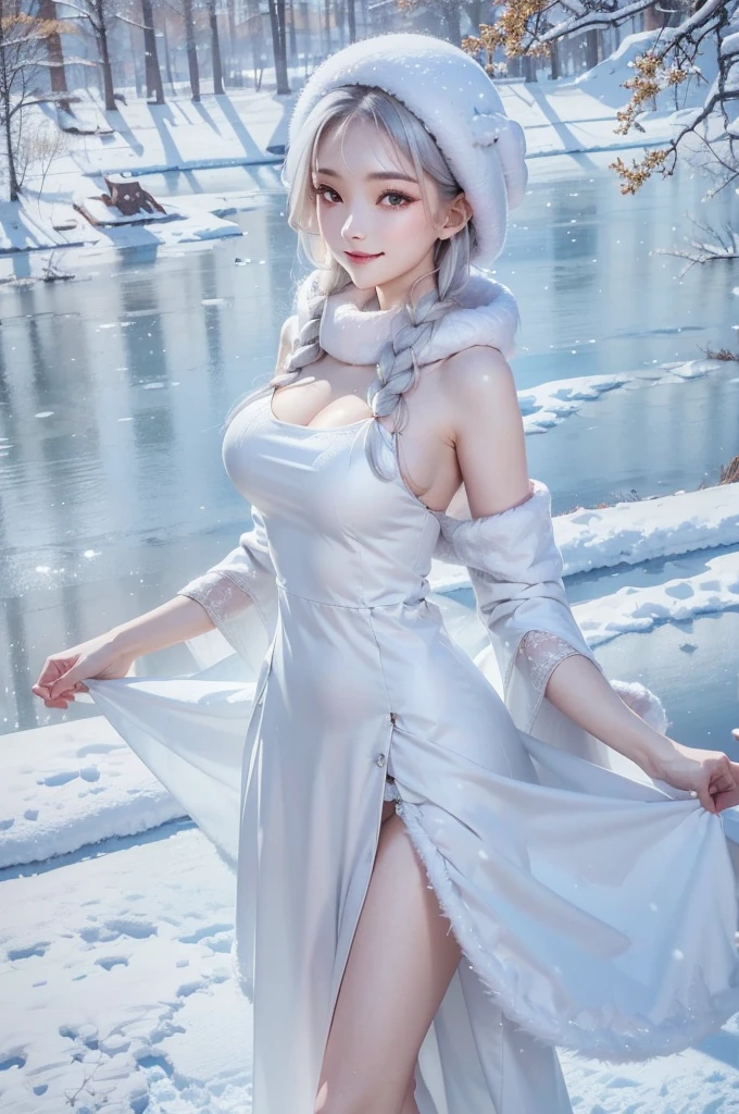 masterpiece、Highest quality、1 girl, winter, silver hair, Cute girl, smile, close mouse, large breasts, sideboob:1.4, white dress, winter clothes, long skirt, Fur coat、Small waist、Thin legs、outdoors, front of the lake, snow falling, Prayer Pose, join hands, from front
