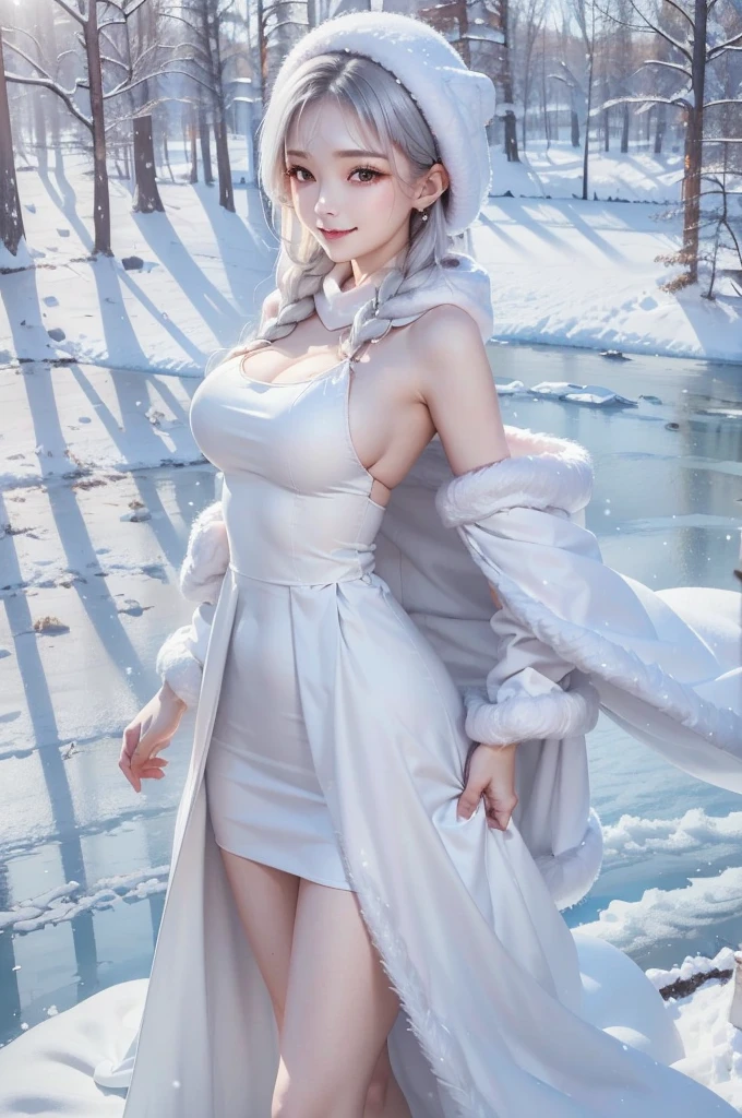 masterpiece、Highest quality、1 girl, winter, silver hair, Cute girl, smile, close mouse, large breasts, sideboob:1.4, white dress, winter clothes, long skirt, Fur coat、Small waist、Thin legs、outdoors, front of the lake, snow falling, Prayer Pose, join hands, from front