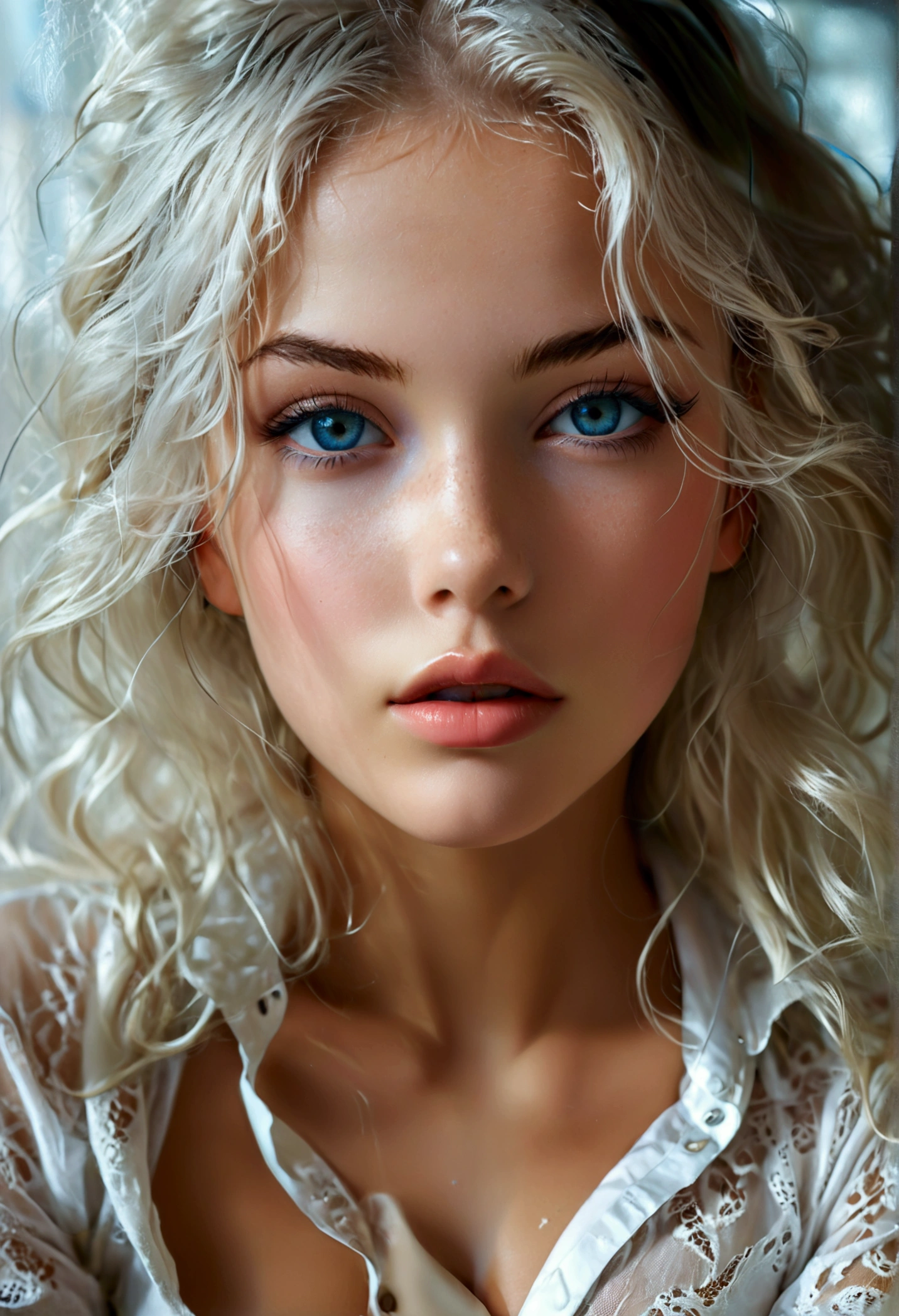 Create a hyper detailed photograph of a young Stunningly girl, Stunningly perfect gorgeous face, perfect makeup, detailed vibrant eyes, platinum dutch hair, perfect beautiful legs, perfect beautiful arms, thick thigh , perfect detailed abs, detailed smooth skin, perfect breast, perfect round ass, semi transparent button up shirt, showing cleavage, thong,