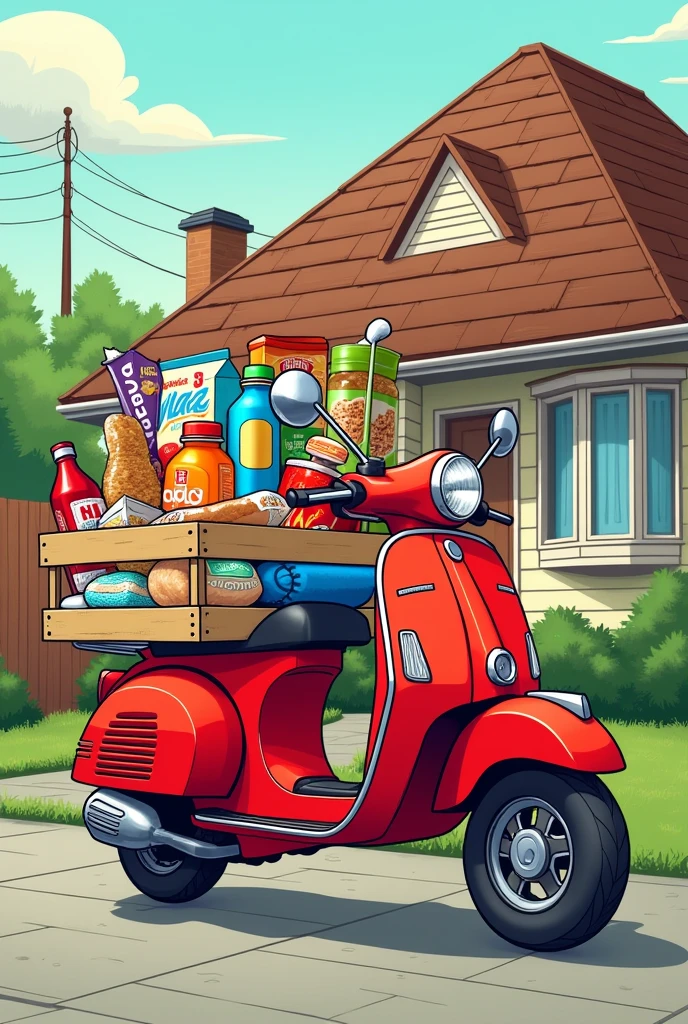 Red cargo motorcycle with drinks, cereals, bottled milk, bean bag, packaged bread, behind a house with a triangular roof, cartoon style freehand drawing