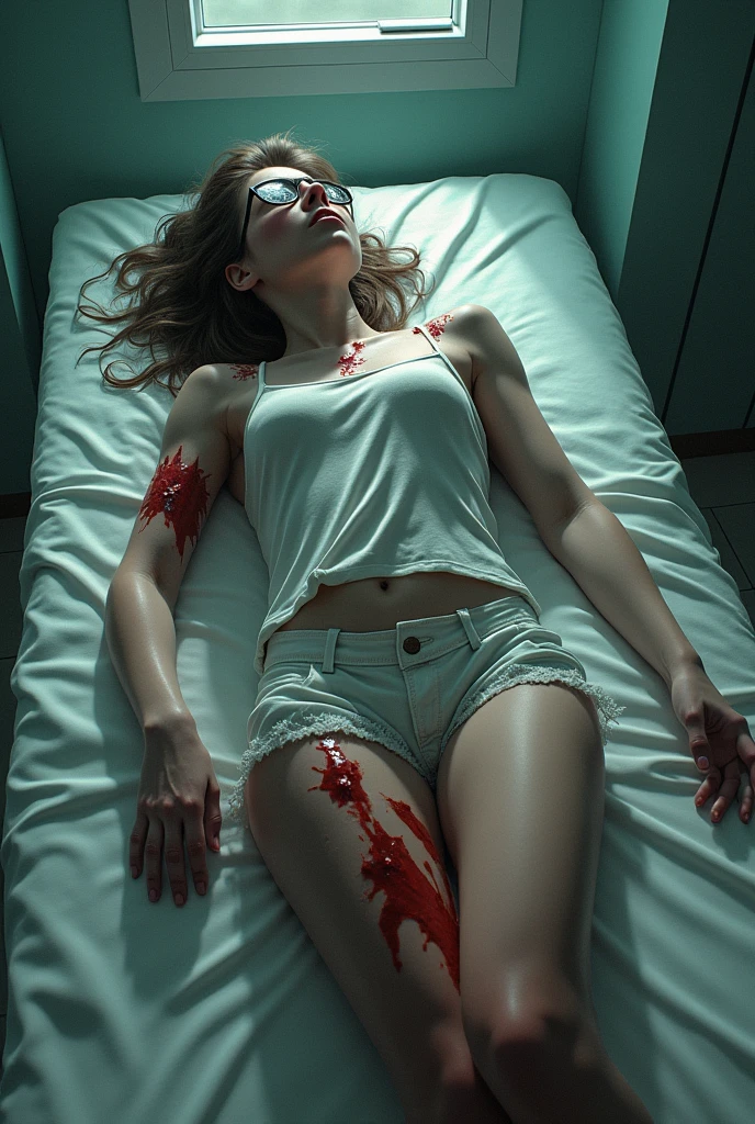 A girl lying in a seminar hall of a hospital with her legs so forcefully apart at right angles that her pelvic girdle breaks. Nails uprooted. Her glasses broken and eyes bleeding from that glass. Mouth bleeding too