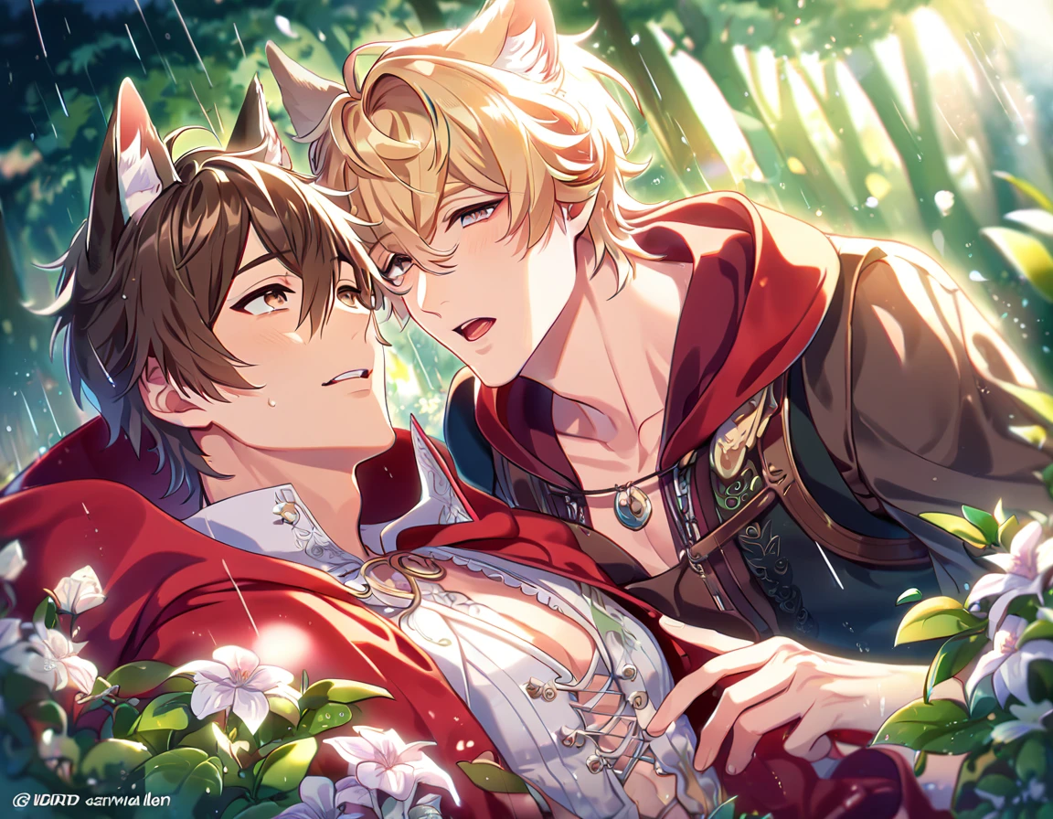 absurdres, highres, ultra detailed, HDR, master piece, best quality, extremely detailed, detailed eyes, Quincy as the wolf, blonde hair, messy hair, hair between the eyes, expressive amber eyes, wolf ears, Nu Carnival, Eiden as the red riding hood, brown hair, expressive brown eyes, two sexy men together, yaoi, gay couple, The Red Riding Hood And The Wolf, fantasy clothes, red hooded cape, spring, flowers, green leaves, magical forest, fantasy, rain, night