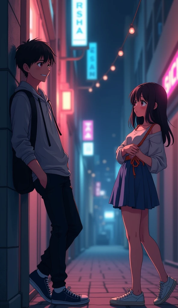 Create an anime-style image of a 21-year-old boy with a mischievous smile leaning casually against a wall. A blushing girl stands nearby, playfully tugging at her outfit. The setting is a dimly lit urban street with neon lights, creating a flirty, seductive vibe that reflects the line, "Are you a magician? Because whenever you’re around, your clothes disappear in my mind."