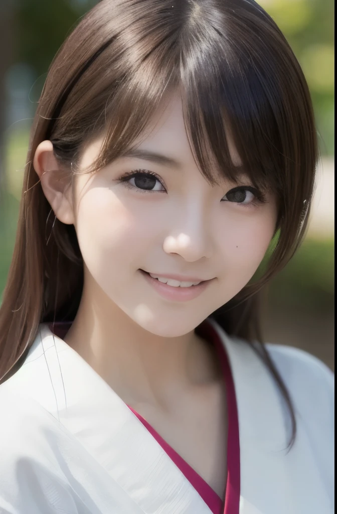 best quality, face focus, soft light, ultra high res, (photorealistic:1.4), RAW photo,(Shinozaki Ai), white skin, kawaii, 1 Japanese girl, solo, cute, (smile), (pupil, lights in the eyes),  detailed beautiful face, Medium-sized breasts,(high resolution detail of human skin texture),(long hair),(portrait), upper body, white traditional kimono