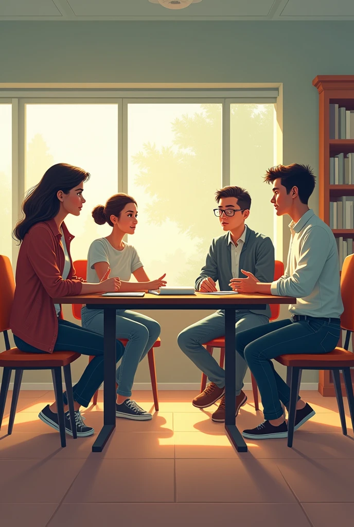1. **Viñeta 1:** Ana and Luis sitting at a table in the cafeteria, discussing with thoughtful expressions.
2. **Viñeta 2:** Professor Francovich, Standing beside them, gesturing with a raised hand, indicating the importance of logic.
3. **Viñeta 3:** Ana with a curious expression, while Francovich looks at her with a kind and wise expression.
4. **Viñeta 4:** The three characters together, with Luis taking notes and Ana nodding, while the professor concludes the conversation.