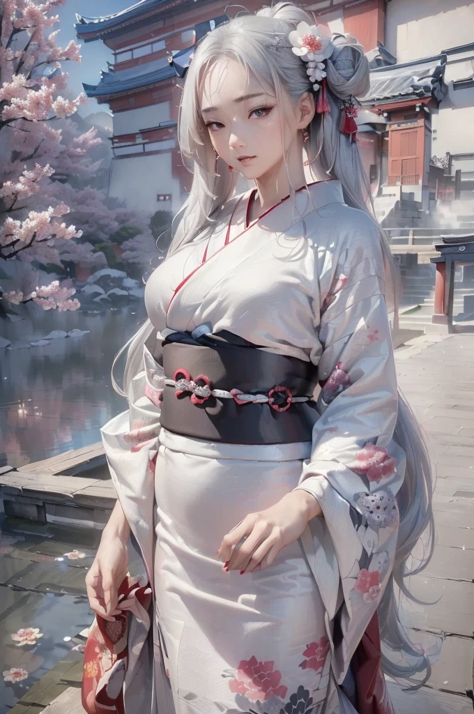 ((masterpiece:1.5,Highest quality,Beautiful images、Abstract、artistic、)(One person, solo)(large breasts, Silver Hair、Long Hair、kimono, japanese cloth,Flower pattern kimono、Red kimono)(Profile portrait,Look at me sideways、Look at an angle、shake your head、Sad look, Floating Hair)(Gray background)((from the front:1.3)).face, style