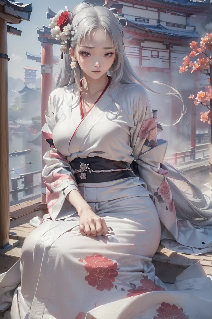 ((masterpiece:1.5,Highest quality,Beautiful images、Abstract、artistic、)(One person, solo)(large breasts, Silver Hair、Long Hair、kimono, japanese cloth,Flower pattern kimono、Red kimono)(Profile portrait,Look at me sideways、Look at an angle、shake your head、Sad look, Floating Hair)(Gray background)((from the front:1.3)).face, style
