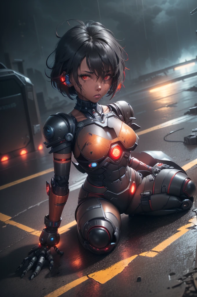 1girl, Female robot, superheroine, (((damaged android girl))), (((rusted))), burned, (((battle damage))), ((((mising left arm)))), (((exposed wires))), ager, (((black with red accents extremely damage robotic cyber armor))), (blue ripped cape), (red shinning core in the chest), (black mechanic gloves), (Black armored boots), (((dark skin))), (shinning red eyes), ((((missing right eye)))), ((messy and dirty gray short shoulder length hair)), wide hips, thick thighs, narrow waist, ((laying on the ground)), ((futuristic scrapyard background)), (((at night))), (((rainning))), (((storm))), (((only one character))), (((alone))), (((solo)))