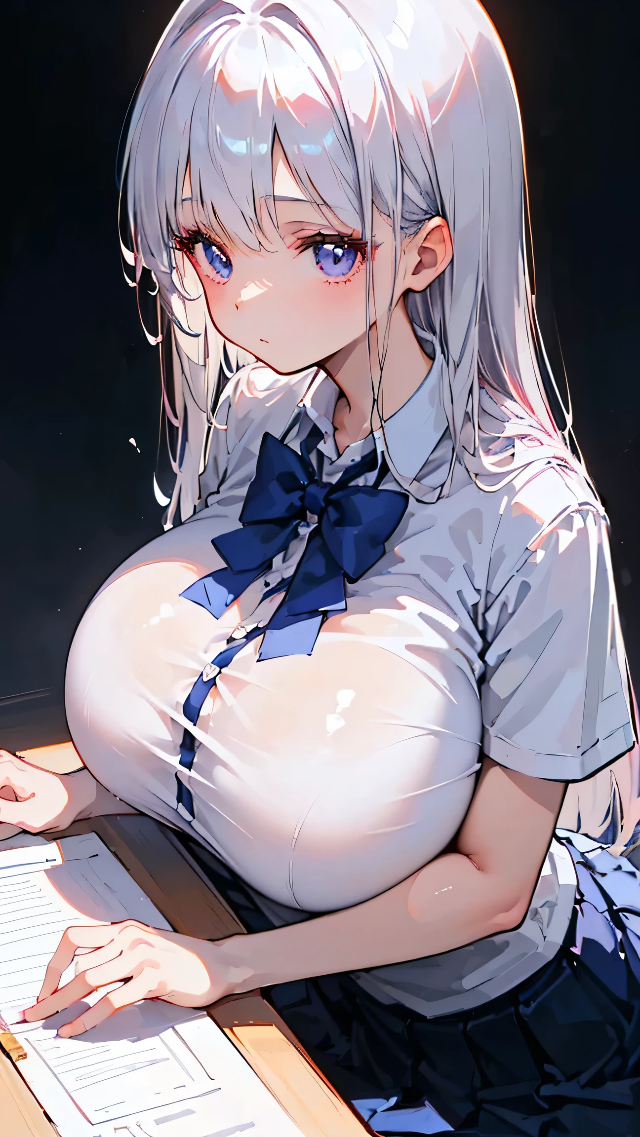 Ultra-high resolution, 8k,high quality,(((low length,、Young Girl、school uniform))),(Retrospective angle,Cunning Hand),(、glowing、iridescent light,soft shadow,Anime Painting,thin line drawing),One Little Woman,(((gigantic breasts,Super big breasts,Super big breasts,Big breasts、Round Breasts))),