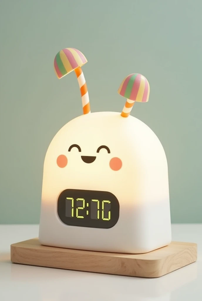I wanted a semicircle on top of a rectangle that is larger than the semicircle, but it was a lampshade. in front of the wooden rectangle there would be a digital clock. in the middle circle there would be a happy face and two antennas. It would be white with colored stripes on the antennas