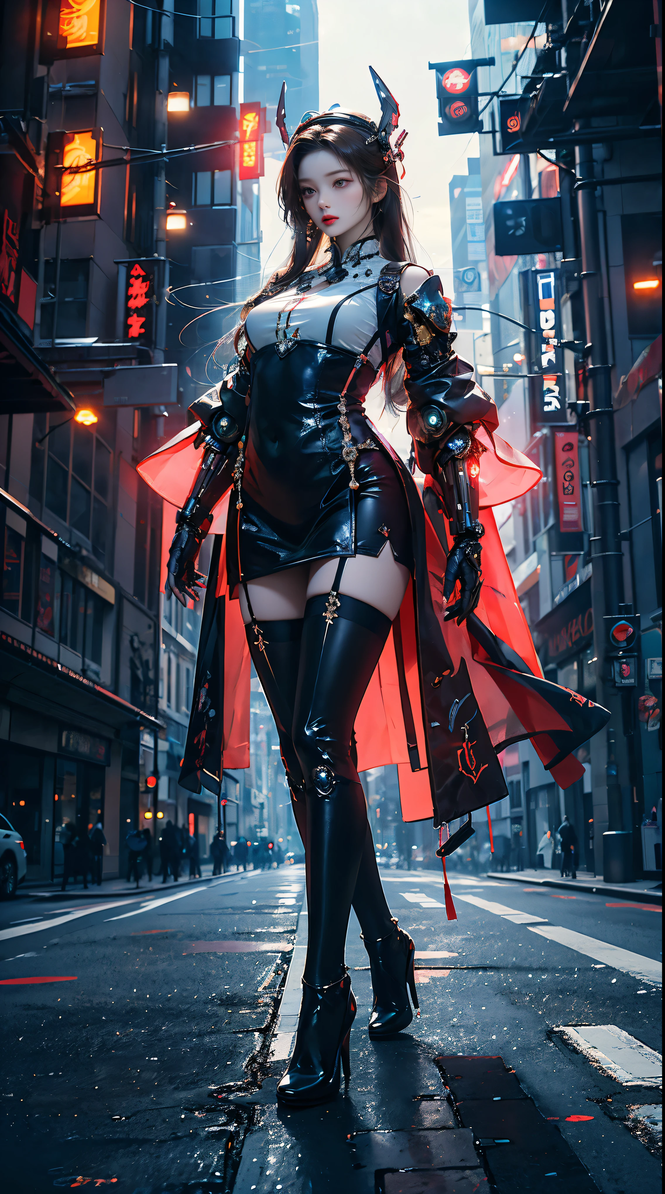 Masterpiece, best quality, high resolution, one woman, from below, very thin and straight legs, very long legs, straight legs, high heels, long legs, perfect body with perfect legs, front view showing long legs, perfect body, exterior, telegraph slang, dynamic pose, exquisite eyes, brown eyes, eye shadow, wearing makeup, long blonde hair, detailed face, detailed eyes, looking at viewer, blusher (wearing makeup), plump lips, red lips, long gray hair (1.3), mechanically static, summon mech, headdress (1.1), headgear, dressed like a student in , black lace stockings, stocking suspenders, city, luminous winding, with a gun in hand, weapon, completely mechanical and futuristic elements, technology, background is modern New York City streets with cars passing by, sky, slim (1.2), dramatic lighting, vivid details.
