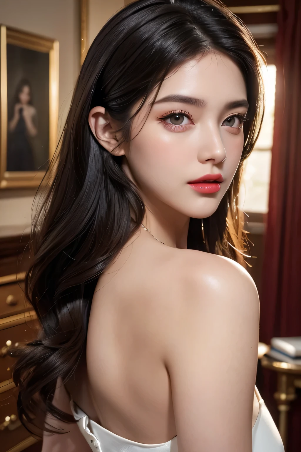 High-quality work,Realistic works,Super premium graphics,8K HD CG works,high quality graphics,High-definition and exquisite CG works,10x pixels,Ultra-fine details:1.1,Advanced technical details:1.1Realistic photo effects,Interior lighting effects:1.5,natural soft light:1.5. Light effect(Virtual light effects:1.8),ultra high resolution,shining dress,sliver long hair,silber hair,transparenthair,high detailed hair(Quality hair details:1.1)Clear eyes,Double eyelids look good,Sharp eye makeup, Create exquisite eyelash makeup, tthin eyebrows, Ultra-detailed eyes,a tall nose, lovely red lips, rosey cheeks, With delicate makeup on her face , pretty face, The face shape is perfectly proportioned,(Advanced facial details:1.1)1girl, long black hair, straight hair, Bright red lipstick,big eyes,black eyes,looking at viewer, black dress (masterpiece, best quality:1.4),(photorealistic:1.4)(realistic, photo-realistic:1.4),8k UHD,ultra high res, , Women's artwork,Dress full body video,Realism,Amazing Cleavage,My eyes are very bright today