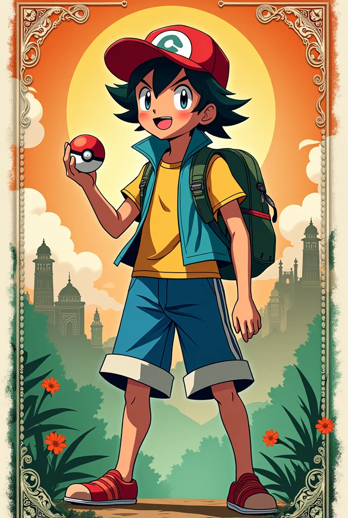 Anime character Ash Ketchum with Indian flag