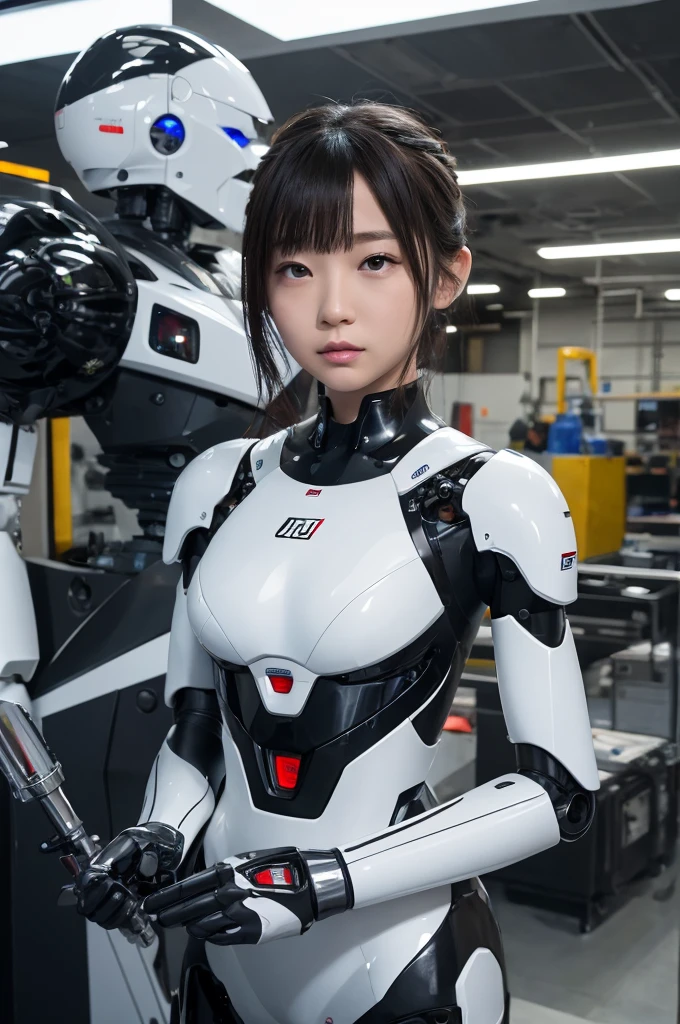 masterpiece, best quality, extremely detailed, 8k portrait,Japaese android girl,Plump ,control panels,android,Droid,Mechanical Hand, Robot arms and legs,Blunt bangs,perfect robot girl,long tube,thick cable connected her neck,android,robot,humanoid,cyborg,japanese cyborg girl ,robot-assembly plant,white robot body,She has assembled now,assembly scene,chest monitor,blue eyes, 