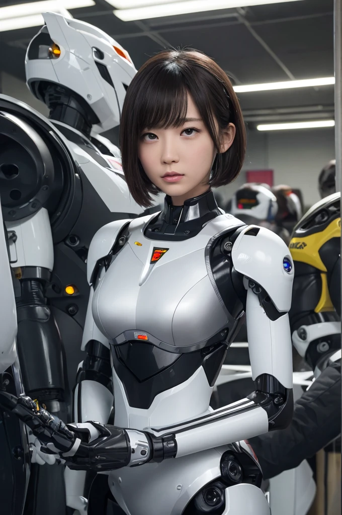 masterpiece, best quality, extremely detailed, 8k portrait,Japaese android girl,Plump ,control panels,android,Droid,Mechanical Hand, Robot arms and legs,Blunt bangs,perfect robot girl,long tube,thick cable connected her neck,android,robot,humanoid,cyborg,japanese cyborg girl ,robot-assembly plant,white robot body,She has assembled now,assembly scene,chest monitor,rolling eyes,
