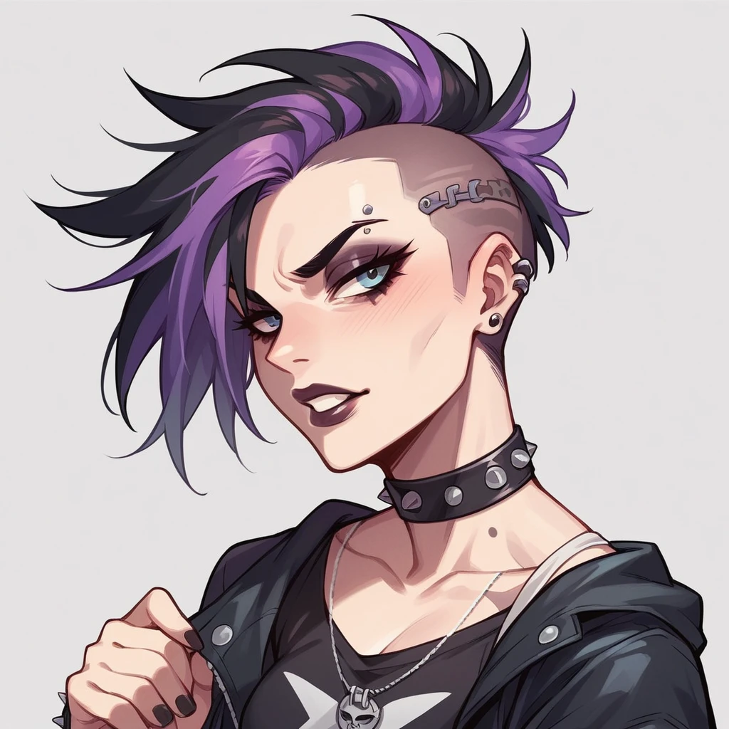 1 girl, Holo-punk style, rainbow hair, earrings, eyelashes, Smirk, in room, Jewelry, lips, draw up, NECKLACE, Goth, masterpiece, Best quality