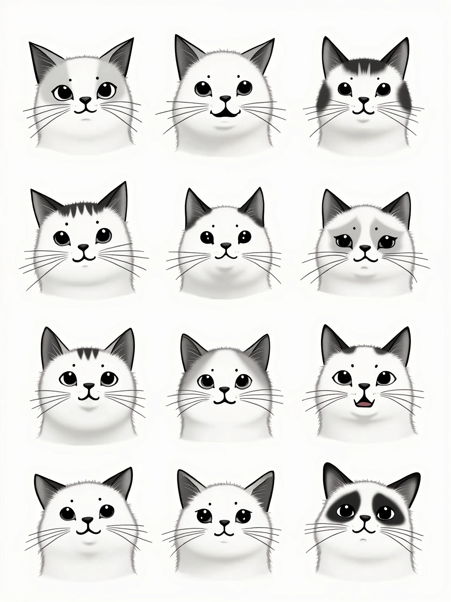 Simple black and white cat expressions，Nine-grid image，Simple background