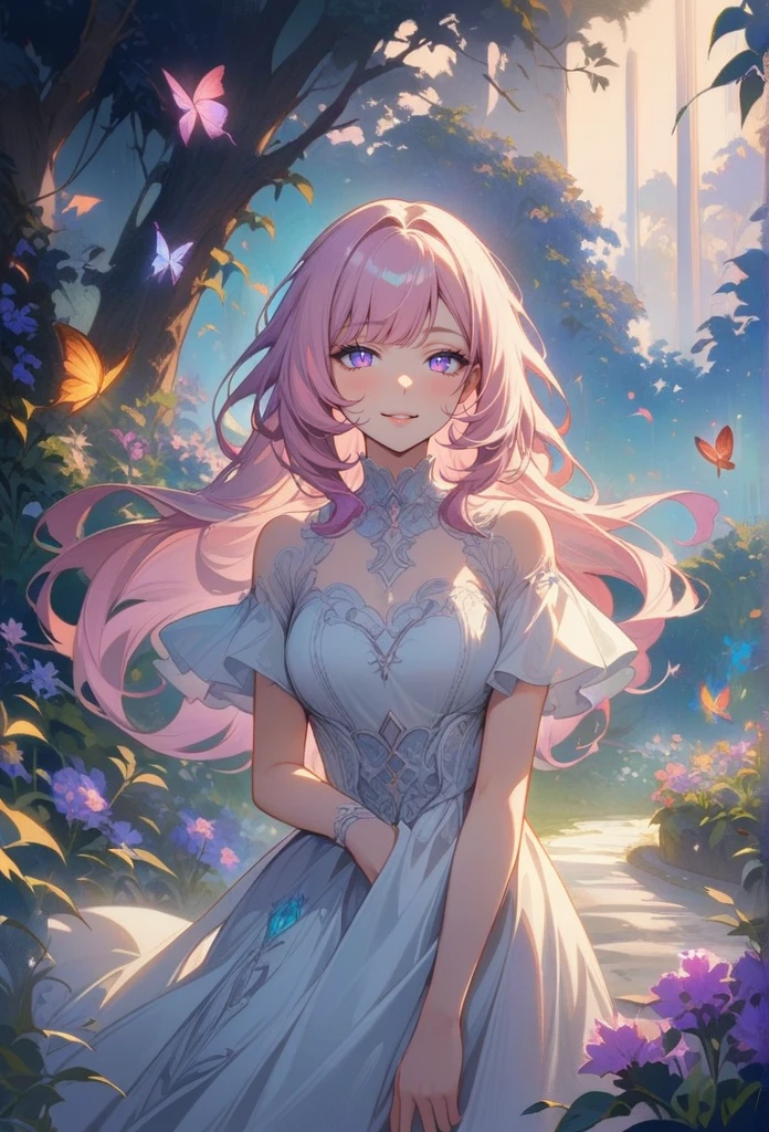 1girl,elysia_\(honkai_impact\),A slender girl, (best quality, ultra-detailed) exquisite facial features (long eyelashes, detailed eyes, detailed lips), wearing a flowing white dress, standing gracefully in a vibrant garden. The garden is filled with lush greenery, blooming flowers, and colorful butterflies. The sunlight filters through the trees, casting a soft, warm glow on the girl's porcelain-like skin. The atmosphere is dreamlike and ethereal, with a touch of magic. The color palette is soft and delicate, with pastel hues of pink, lavender, and mint green dominating the scene. The overall image is of high resolution, with intricate details capturing every delicate feature of the girl and the garden. The art style is a fusion of traditional painting techniques and digital rendering, resulting in a unique and mesmerizing visual aesthetic. The lighting is soft and diffused, creating a serene and peaceful ambiance.