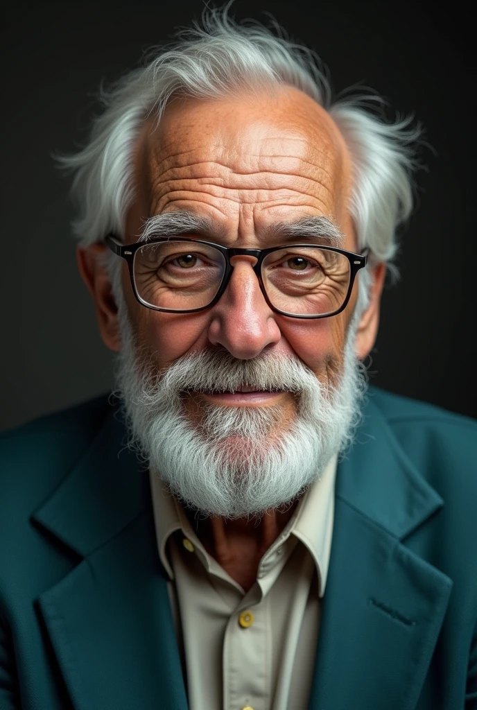 close-up portrait of an elderly man with a full white beard and glasses, set against a dark background. He wears a teal blazer and a light-colored shirt. Text overlay reads: "Happiness is not found in things, but in the moments we cherish and the love we share."