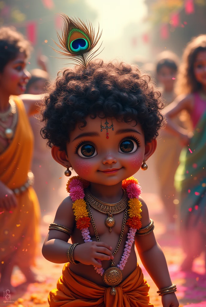 A toddler Lord Krishna, with his dark complexion, front facing,stands amidst the vibrant Holi festivities. He is adorned with a fresh flower garland and a peacock feather elegantly perched on his head. Surrounded by the gopis, who are joyfully throwing colors at him, Krishna's serene and playful demeanor contrasts beautifully with the riot of colors. The scene exudes a sense of divine celebration, with Krishna's calm presence at the center of the festive exuberance.