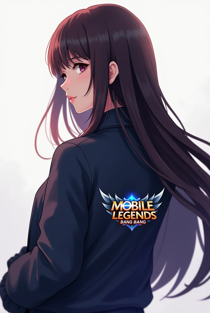 Anime woman with no bangs long hair, facing back with side head wearing jacket with logo of mobile legends bang bang and with my last name SUMIQUIAB