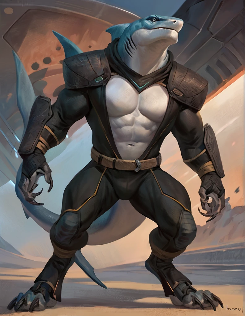 Sharkfolk, bull shark, comic book style, illustration, solo, ferocious, male, standing, mercenary, pants, masterpiece, best art, full body, by laobai, by taran fiddler, by honovy, detailed eyes, detailed body, claws, masculine body shape, fantasy, tall, futuristic bodysuit, tight t-shirt, pecs, pants, belts on chest
