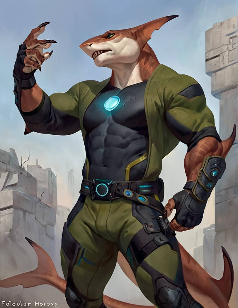 Sharkfolk, bull shark, comic book style, illustration, solo, ferocious, male, standing, mercenary, pants, masterpiece, best art, full body, by laobai, by taran fiddler, by honovy, detailed eyes, detailed body, claws, masculine body shape, fantasy, tall, futuristic bodysuit, tight t-shirt, pecs, pants, belts on chest