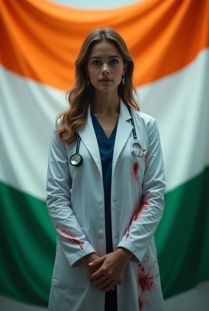 Female doctor with blood on white coat face blurred. Add a background of Indian flag color.blur tha girl face, with hands folding add more blood on coat and highlight the Indian flag color little bit more.