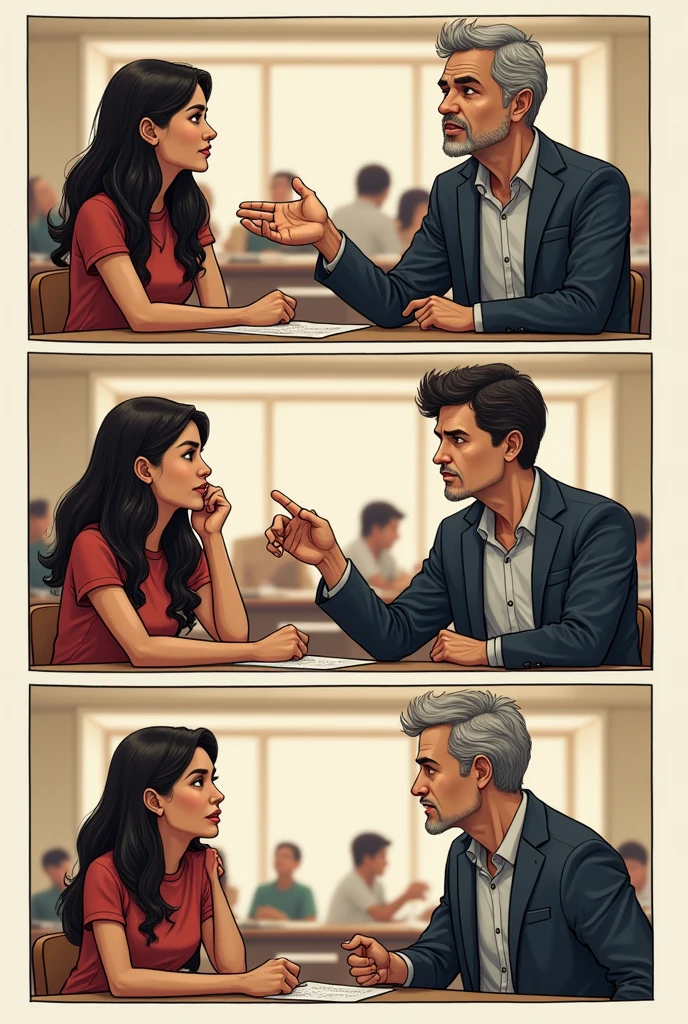 1. **Viñeta 1:** Ana and Luis sitting at a table in the cafeteria, discussing with thoughtful expressions.
2. **Viñeta 2:** Professor Francovich, Standing beside them, gesturing with a raised hand, indicating the importance of logic.
3. **Viñeta 3:** Ana with a curious expression, while Francovich looks at her with a kind and wise expression.
4. **Viñeta 4:** The three characters together, with Luis taking notes and Ana nodding, while the professor concludes the conversation.