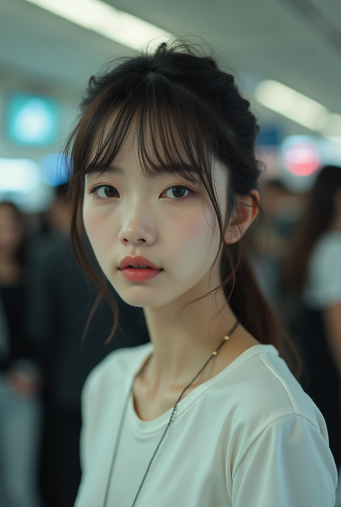 Realistic photos of Korean women, crossed bangs, To smile faintly, t-shirt, At the airport, throw, Eye-Level Shot, hazy, uhd, masterpiece, mackerel, 16,000
