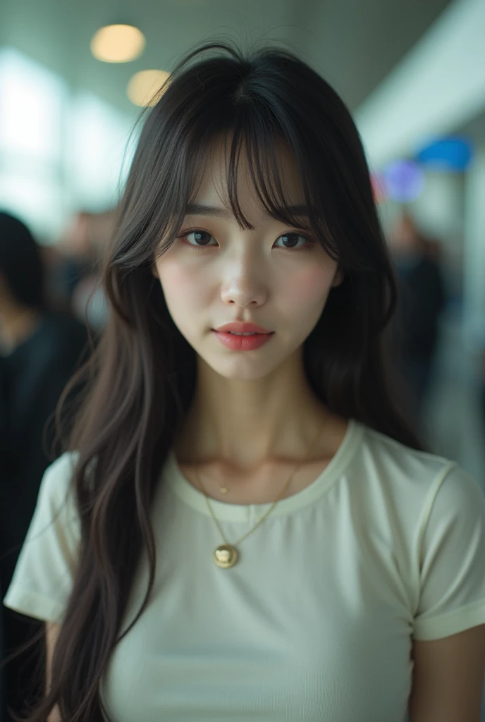 Realistic photos of Korean women, crossed bangs, To smile faintly, t-shirt, At the airport, throw, Eye-Level Shot, hazy, uhd, masterpiece, mackerel, 16,000