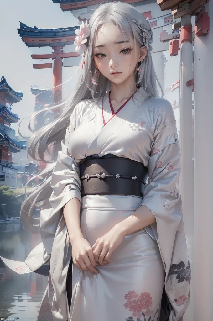 ((masterpiece:1.5,Highest quality,Beautiful images、Abstract、artistic、)(One person, solo)(large breasts, Silver Hair、Long Hair、kimono, japanese cloth,Flower pattern kimono、Black kimono)(Profile portrait,Look at me sideways、Look at an angle、shake your head、Sad look, Floating Hair)(Gray background)((from the front:1.3)).face, style