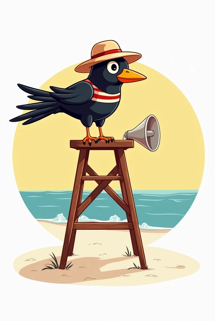 ((circle logo)), ((1950s)), (cartoon), black crow lifeguard wearing a red and white striped jumper and a straw hat sitting in a tall wooden lifeguard tower on a white sand beach, holding a small handheld antenna dish in wing