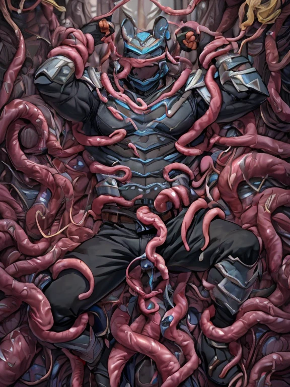 masked, Superhero, hero, strong and robust male, Armor, Tentacle entanglement, uniform, Binding hands togethe, Foreign object invasion, monster breeding, wet, slime, tentacles, slimy tentacles, monster and human breeding, Tentacles wrapped around the body, Insert tentacles into the body, Blocked mouth by tentacles, Both hands are bound, The reproductive organs are covered in tentacles, The chest was torn apart by tentacles, Tentacles penetrate deep into clothes, Wearing pants completely, Complete wearing of trousers, Do not expose the reproductive organs