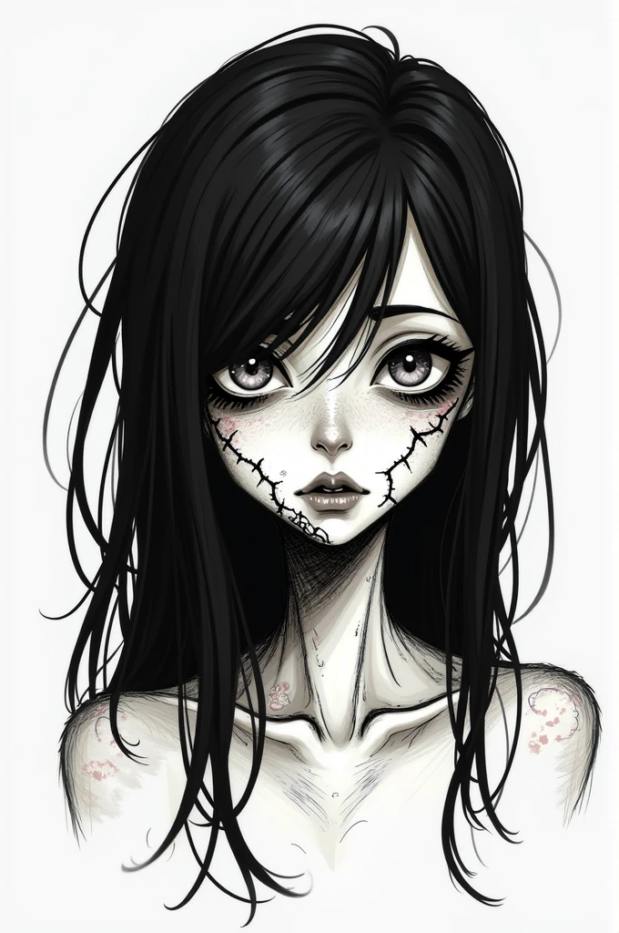 Drawing of a zombie girl using a simple drawing style, with loose and expressive strokes, keeping her eyes big and details like sutures and pale skin. long black hair.
