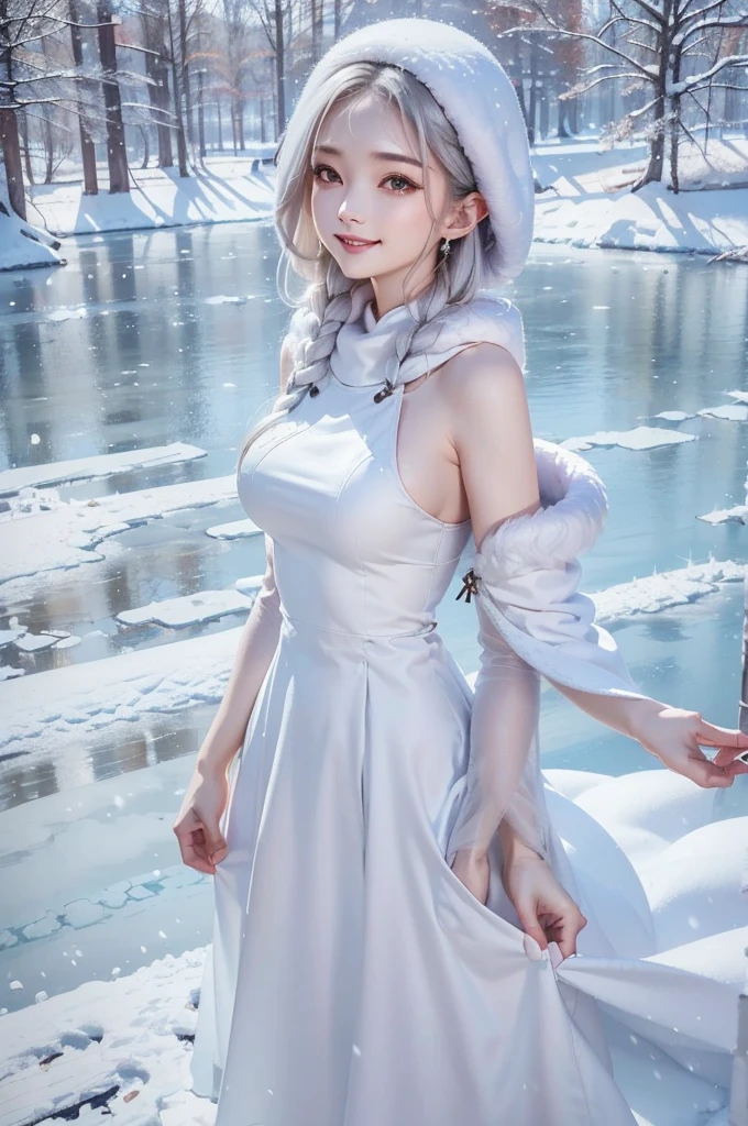 masterpiece、Highest quality、1 girl, winter, silver hair, Cute girl, smile, close mouse, large breasts, sideboob:1.4, white dress, winter clothes, long skirt, Fur coat、Small waist、Thin legs、outdoors, front of the lake, snow falling, Prayer Pose, join hands, from front