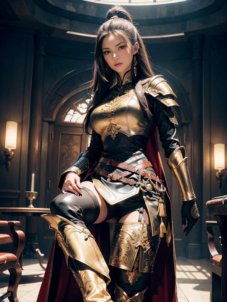 tmasterpiece,High-definition CG diagram,Beautiful female warrior,Detailed eyes and face,Tall figure,Full armor attire,Extra-long leather boots,Over-the-knee leather boots,Inside over the knee stockings,Brilliant armor colors,Exquisite decoration,General temperament,Tall figure,Wide buttock,Thick legs,A majestic sight,Stand in the war