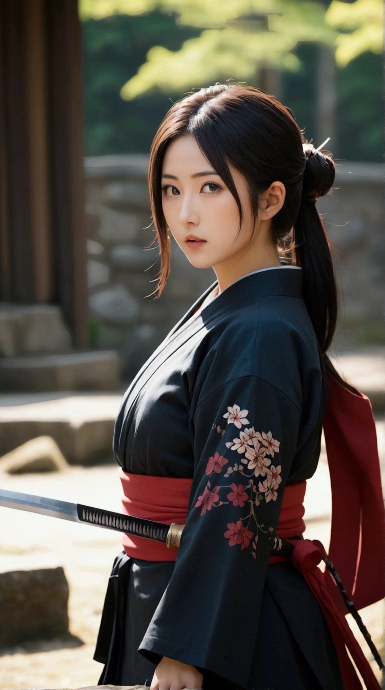 (Japanese sword &reference;Muramasa 2&reference;.2)Beautiful 27 year old woman、Japanese women、Tie your hair back、Hair ornament artist、Shinobi Costume、Warrior、Clear Eyes、{Arm tattoo(SakuraFubuki}'Back Tattoo、Warrior、(Japanese swordを両手で構える、1.3)(Japanese sword1.2)Intermediate position、In front of the body、(Hold the sword horizontally 1.3)、whole body、Long Blade Sword、Realistic battle scenes、敵Warriorの返りBlood、Blood、High resolution、Highest quality、Very detailed、8k、background、The castle is burning、Sparks fly、
