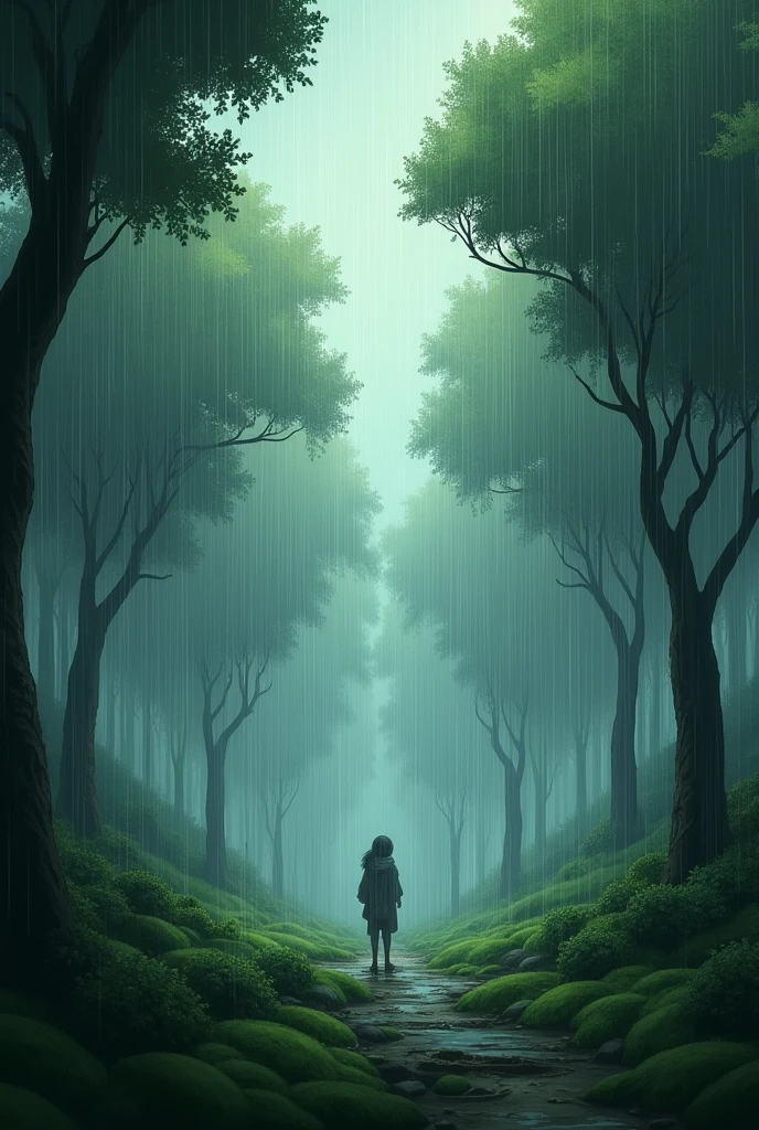 Create an animated image of a forest and , It needs to be raining and it needs to evoke an emotional and nostalgic feeling.