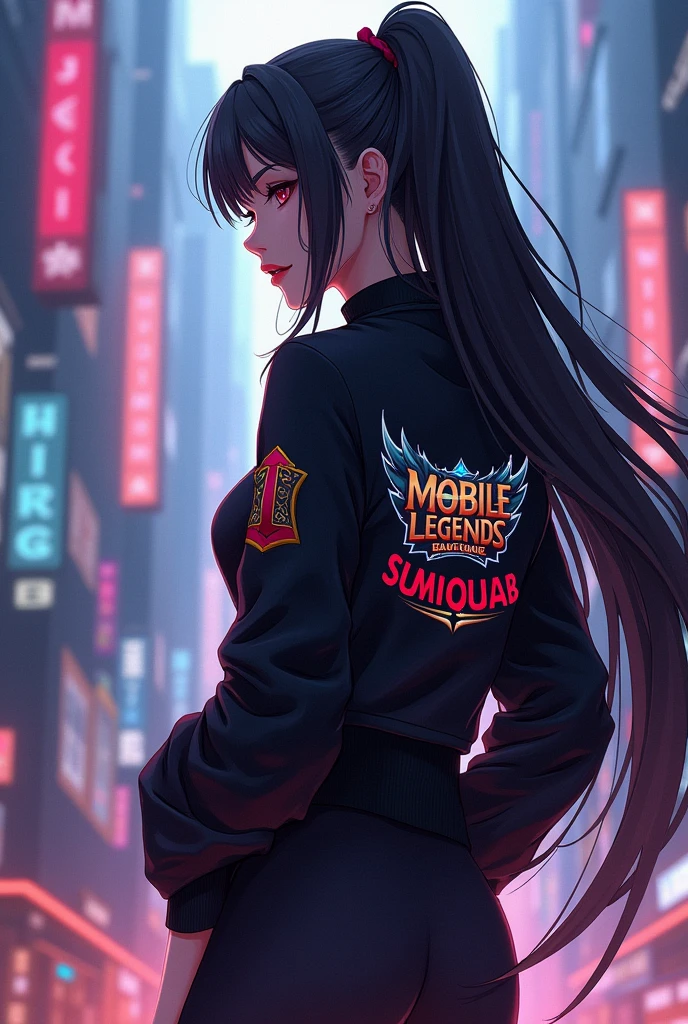 Anime woman with no bangs long hair, facing back with side head wearing jacket with logo of mobile legends bang bang and with my last name SUMIQUIAB
