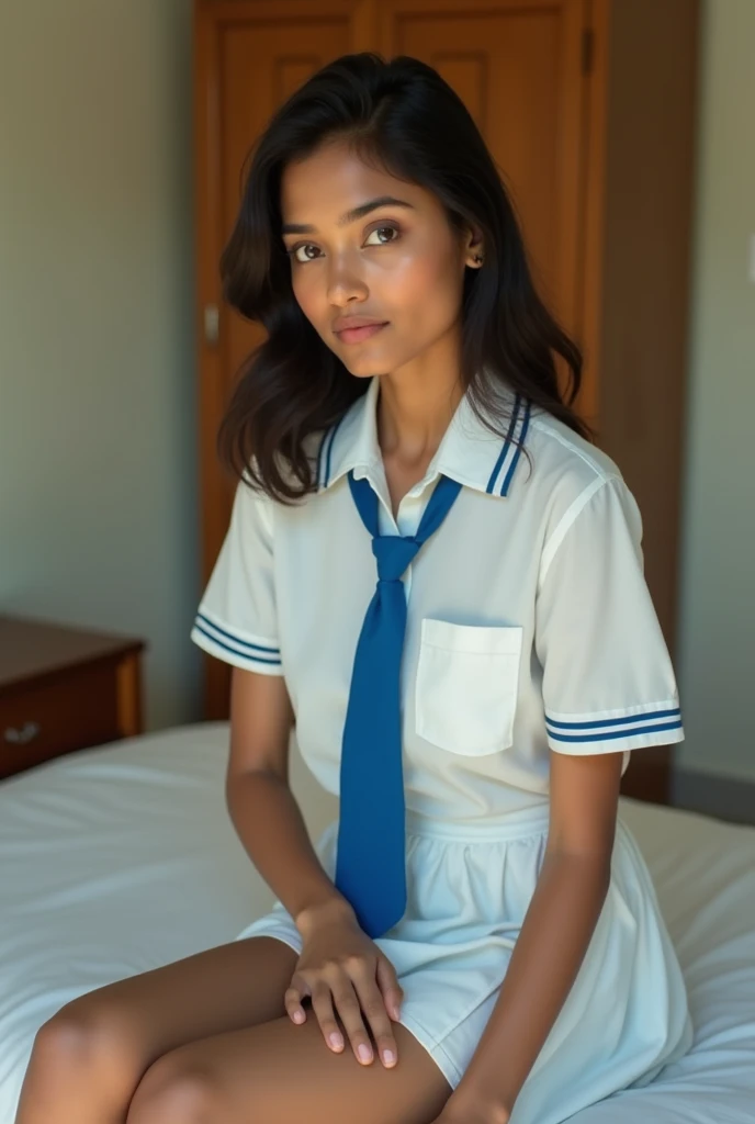 there is a sri lanka 20 years woman in a white dress and a blue tie, wearing school uniform, wearing a school uniform, of a schoolgirl posing, girl wearing uniform, sitting in a bedroom, school girl, next to a cupboard, cute schoolgirl, age female schoolgirl, dressed as schoolgirl, photo taken with canon 5d,full body shot portrait, wearing school uniformrompt
large breast size,hyper realistic, cinematic look, detailed body parts with correct anatomy, realistic lightning, hyper realistic skin details,legs together up