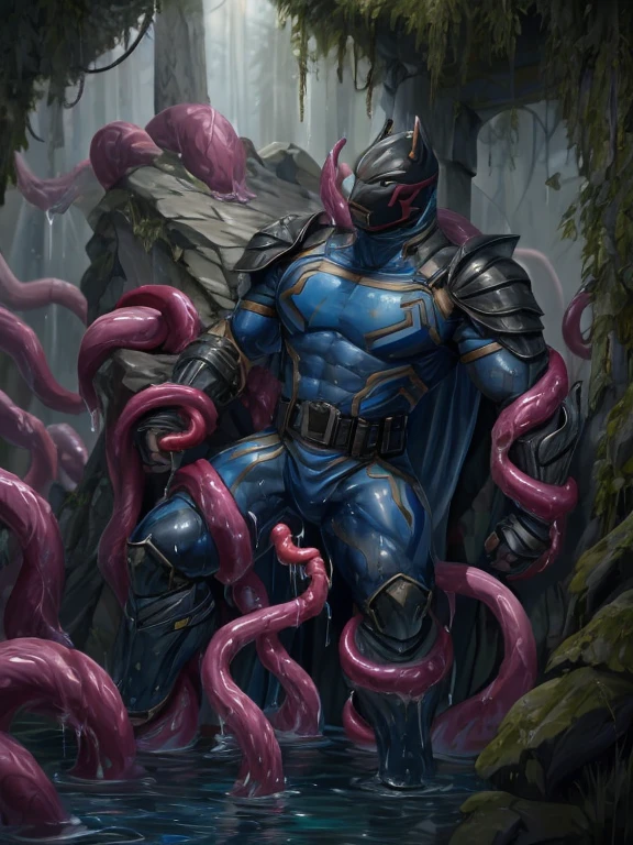 masked, Superhero, hero, strong and robust male, Armor, Tentacle entanglement, uniform, Binding hands togethe, Foreign object invasion, monster breeding, wet, slime, tentacles, slimy tentacles, monster and human breeding, Complete wearing of trousers, Do not expose the reproductive organs